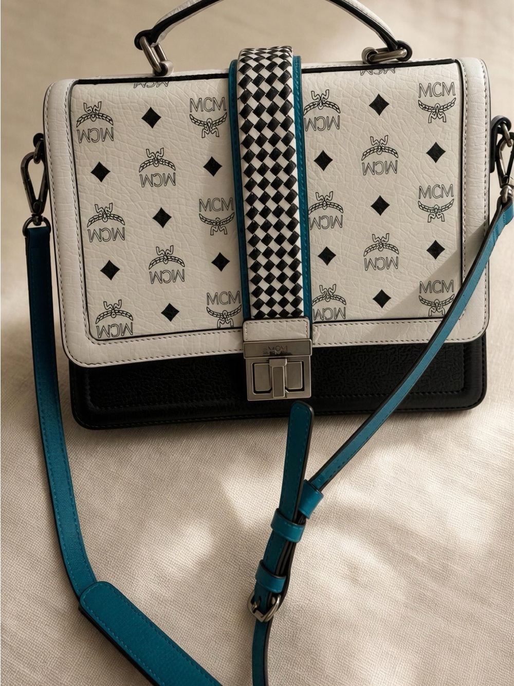 MCM White, Black & Teal Logo Satchel with Checker Strap